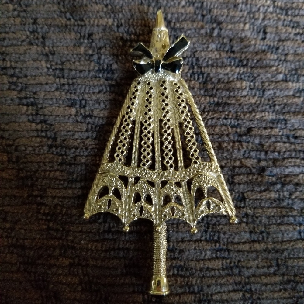 Beautiful Vintage Umbrella Pin with Black Ribbon